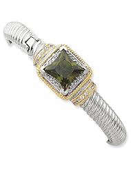 Sterling Silver & Gold-Plated Green CZ Hinged Cuff Bangle. Metal Wt- 34.63g