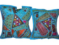 2 Pillow Covers D&eacute;cor Banjara Cushion Covers Cerulean Mirror Embroidery