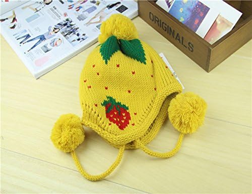 Strawberry Pattern Knitted Hat for Your Baby Girls with Two Balls and Earflaps Chrisrmas Gifts She'll Love It (Yellow)