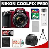 Nikon Coolpix P500 12.1 MP Digital Camera (Red) with 8GB Card + Battery + C ....