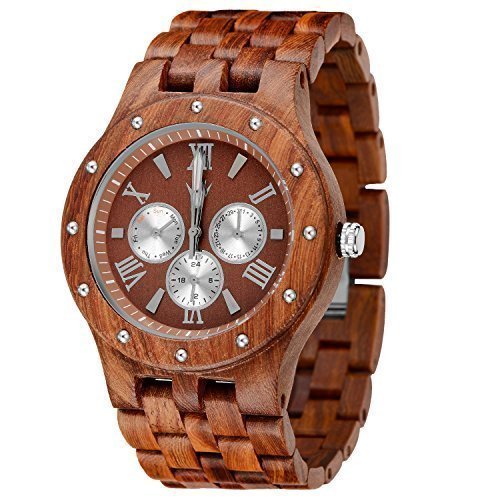 MEKU Handcrafted Mens Wooden Watch Natural Sandalwood Day Date Calendar Xmas Gifts