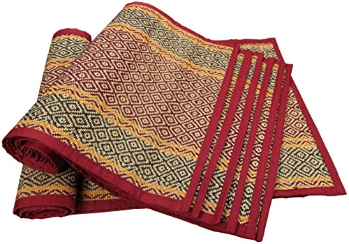 SouvNear **Big Discount on Place Mats** Set of 6 Placemats + 1 Table Runner Kitchen Dining Table Mats Reversible Woven Black & Red - Natural Handmade Table Centerpieces Accessories