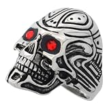 Surgical Steel Bot Skull Ring Tribal Tattoos Red CZ Eyes 1 1/8 in. (29mm), sizes 9 to 15