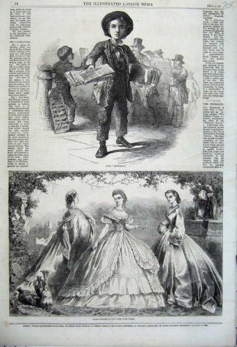 1862 PARIS FASHION DRESSES NEWS BOY SELLING NEWSPAPERS