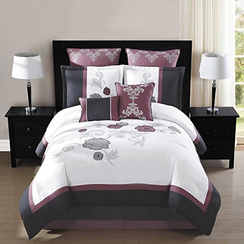 White Top with Beautiful Rose and Grey Floral Embroidery CAL KING Comforter Set (8 Piece Bed in a Bag)