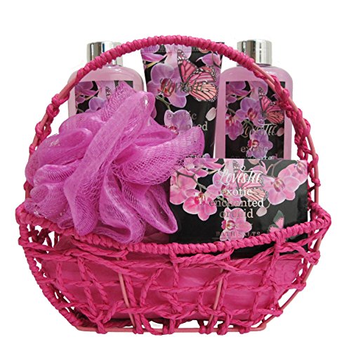 Rejuvenating Exotic Orchid Spa Gift Set By Lovestee - Bath and Body Gift Basket, Gift Box, Includes Exotic Shower Gel, Bubble Bath, Sensual Body Lotion, Bath Salt, and Bath Puff
