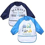 子ども用 エプロン 防水 食事用 お絵かき用 長袖 幼稚園 保育園 2点セット ネイビー ブルー