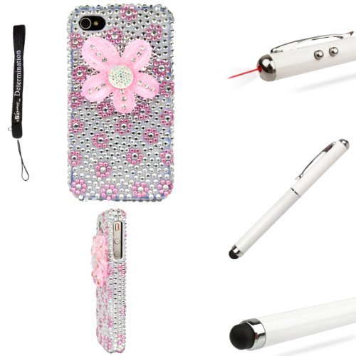 Pink Flower Diamond Rhinestones 2pc Case Protective Cover Snap On Made for Apple iPhone 4S (4th Generation 16GB 32GB - AT&T - Verizon) + Includes a Professor Pen 3 in 1 Red Laser Pointer / LED White Light / Stylus / White Pen