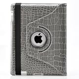 ATC Silver Grey Crocodile Skin Stand PU Leather Smart Cover for iPad 2 with 360¡ãRotating Stand and auto sleep/awake function
