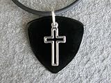 Guitar Pick Necklace with Open Cross Symbol Charm on Black Guitar Pick Unique Design By Atlantic Seaboard Trading Co.