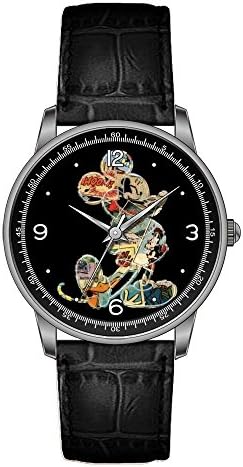HOLM Christmas Gift Man's Vintage Design Leather Black Band Watch Comic Art Mickey Mouse Wristwatches