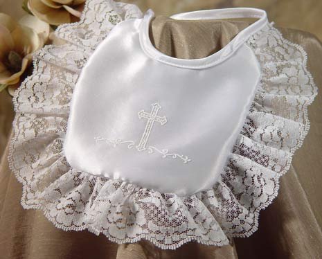 Matte Satin Christening Bib with Puff Silk Screened Cross and Lace Ruffle Matte Satin Christening Bib with Puff Silk Screened Cross and Lace Ruffle