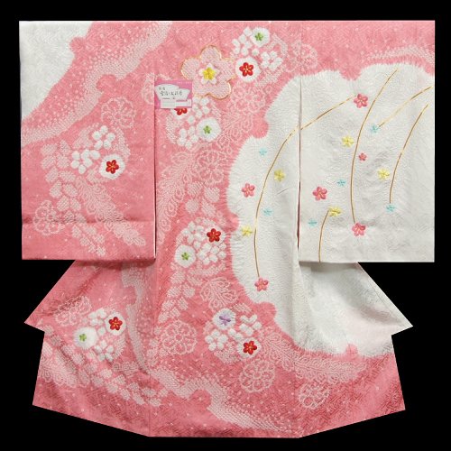 お宮参り着物　正絹女児初着　ピンク　白　雪輪　手絞り　手染め　桜刺繍　金彩　　日本製