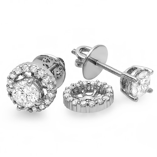 14k White Gold Round Brilliant Diamond Halo Stud Earrings with Removable Jackets (1.25 CT, F-G-H Color, SI-I Clarity)