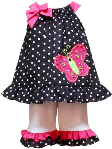 Rare Editions Girls 4-6x Butterfly Ruffled Capri set, Black/White/Pink