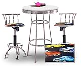 Chrome Bar Table & 2 Chrome Adjustable 24"-29" Old Muscle Car Hotrod Fabric ....