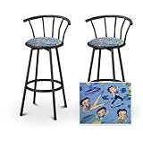 2 Betty Boop Baby Blue Seat Black Metal Custom Barstools with Backrest Set