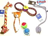 Yummy Paws Dog Toys, Plush limbless Squeak Animal, Rope with Ball And Bonus Fetch balls for Dogs/Puppies Cool Interactive 5 Pack Gift Set Great for Tug-O-War/Fetch Pet Chew Toys (colors may very)