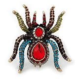 Oversized Multicoloured Crystal Spider Cocktail Ring (Antique Gold Finish) - Adjustable