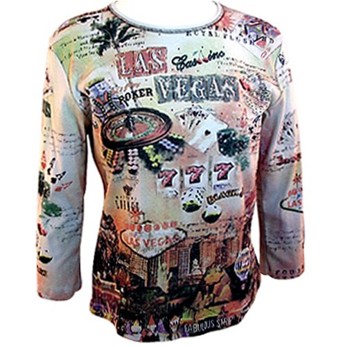 Cactus Fashion "Las Vegas" 3/4, Rhinstone Studded, Scoop Neck, 100% Cotton Printed Top - Pale Blue
