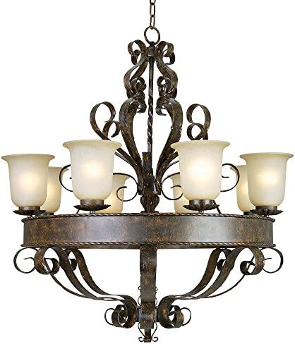 Yosemite Home Decor 93938-8FGS McKensi Eight Light Chandelier with Tea Stained Glass Shades in Bronze Patina Finish, 31.5" x 35.5"