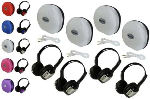 4 Pack Kid Sized Wireless Infrared Universal Car DVD IR Automotive Colored Adjustable 2 Channel Headphones With Case and 3.5mm Auxiliary Cord