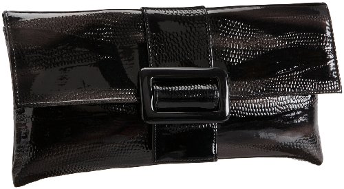 Jessica McClintock Shark-Embossed Buckle Envelope Clutch,Pewter,one size