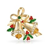 Bling Jewelry Holiday Christmas Bells Bow Ribbon Brooch Pin Simulated Garnet Crystal Gold Plated thumbnail