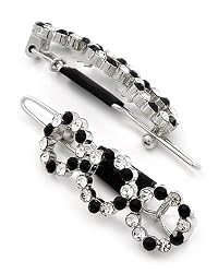 2 Black and Clear Open Round Rhinestone Circle Snap Hair Barette Clips