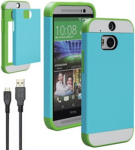 For HTC One M8 Case, Premium PU + TPU Protective Bumper Case with 4.9 Ft USB Charger By Obring (Aqua&Green)