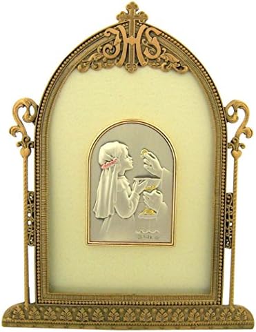 First Communion Girl Embossed Silver Tone Image in Bronze Frame with Velvet Easel Back, 6 1/2 Inch