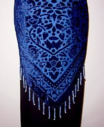 Blue Burnout Velvet Triangular Hip Scarf/Shawl with Beaded Fringe