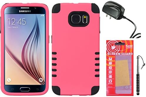Galaxy S6 Case, [Armor Series] Dual Layer (Pc+tpu) 2 in 1 Protective Cover Travel Charger Kaede® [Screen Guard] Protector Diamond Stylus Pen for Samsung Galaxy S6 (Pink/Black)