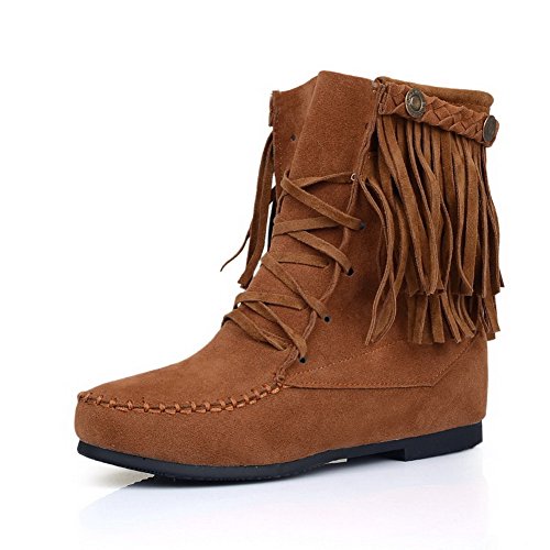 VogueZone009 Womens Closed Round Toe Low Heels PU Short Plush Solid Boots with Heigten Inside and Tassels, Yellow, 42