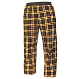 Black and Gold (Yellow) tartan plaid check flannel cotton pants for lounging, sleep, sports. Unisex relaxed fit, available in 3 Youth sizes, exposed elastic waist
