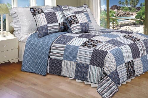 [Daniel] 100% Cotton 3PC Vermicelli-Quilted Striped Patchwork Quilt Set (King Size)