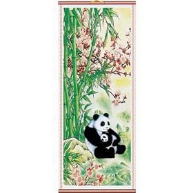 Panda Rattan Scroll Picture Asian Art Home Decor Wall Hanging