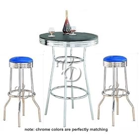 3pc Retro Nostalgic Soda Fountain Style Bar Table and Blue Seat Stools Set by visiondecor Furniture