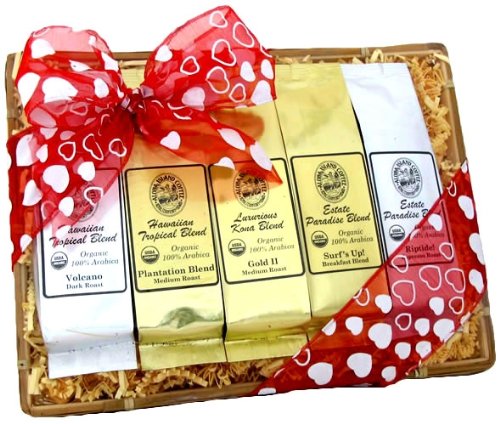 Valentine Ribbon Kona Hawaiian Coffee Sampler Gift Basket, Ground Coffee, Brews 60 Cups