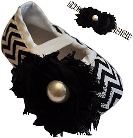 Little Royals Baby Infant Shoes Set with Baby Headband Black Infant Baby Girl Shoes Infant Girl Shoes Chevron Size 6-9 Month
