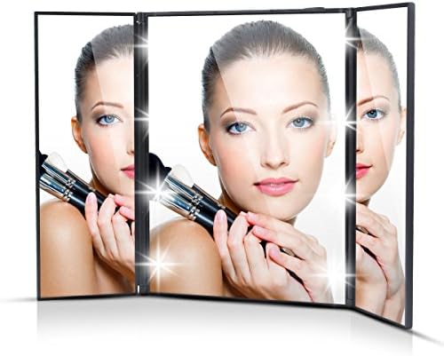 Artifi Black Tri-Fold Lighted Led Travel Mirror Compact for Cosmetic Makeup Folding Illuminating with 8 Led Lights