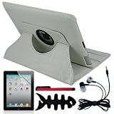 Premium White 360 Degree Leather Case + Clear Screen Protector + Red Universal Stylus Pen + Black Earphone w/mic + Fishbone Holder For Apple Ipad2 2nd Generation