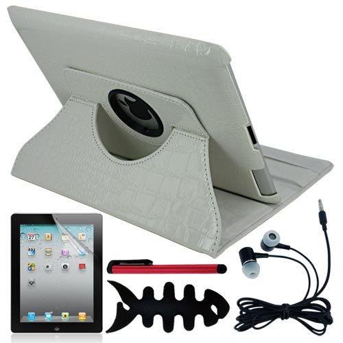 Premium White 360 Degree Leather Case + Clear Screen Protector + Red Universal Stylus Pen + Black Earphone w/mic + Fishbone Holder For Apple Ipad2 2nd Generation