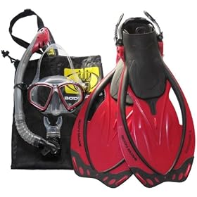 Body Glove Fins, Dry Snorkel, Red Mask, and Bag Set Snorkeling Swim Swimming Authorized Dealer Full Warranty