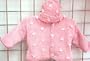 Hand Knitted Crochet Finished Baby Raspberry Chenille Cardigan Pant Hat Set Trimmed with Pink Pearl Daisies