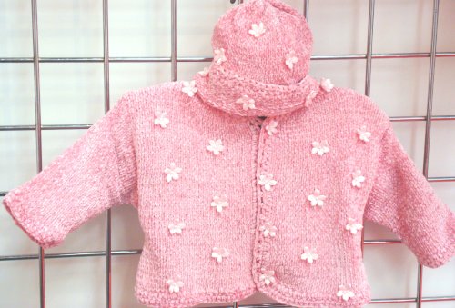 Click here to buy Hand Knitted Crochet Finished Baby Raspberry Chenille Cardigan Pant Hat Set Trimmed with Pink Pearl....