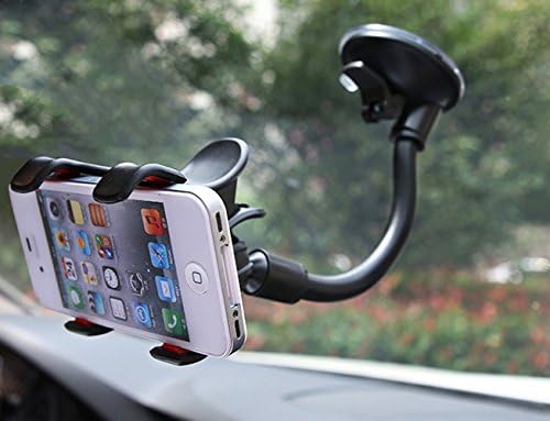 Universal Long Arm/Neck 360 Degree Rotation Windshield Dashboard Car Mount Cradle Holder System for Phones iPhone 6 6plus 5S,iPod Touch,Samsung Galaxy S5/4/3 Note4/3,HTC&amp;GPS,Black Double Clip