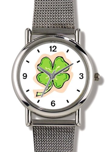 Four Leaf Clover, Shamrock Irish or Celtic Theme - WATCHBUDDY® ELITE Chrome-Plated Metal Alloy Watch with Metal Mesh Strap-Size-Small ( Standard Women's Size )