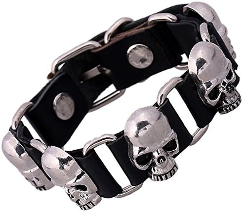 Black Men Women's Skull Genuine Leather Bangle Bracelet Cuff Bangles Wristband Belt Buckle Friend Gift