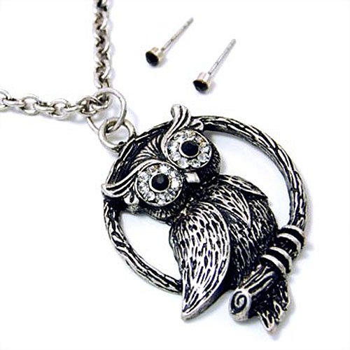 Antique Silver Sitting on Branch Owl Necklace and Earrings Set
